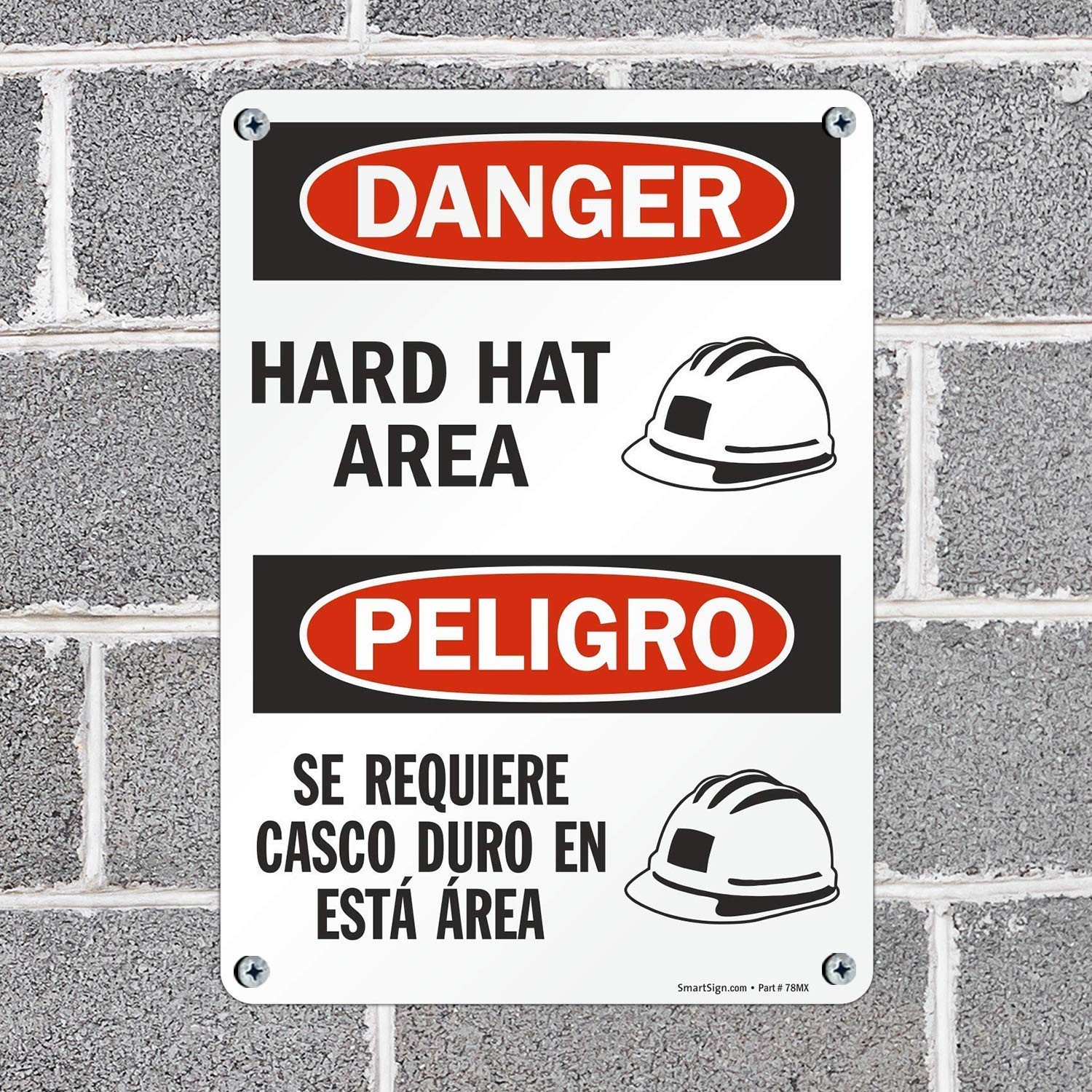 10×14 Inch Plastic Bilingual Sign Danger Hard Hat Area Safety S2115PL14