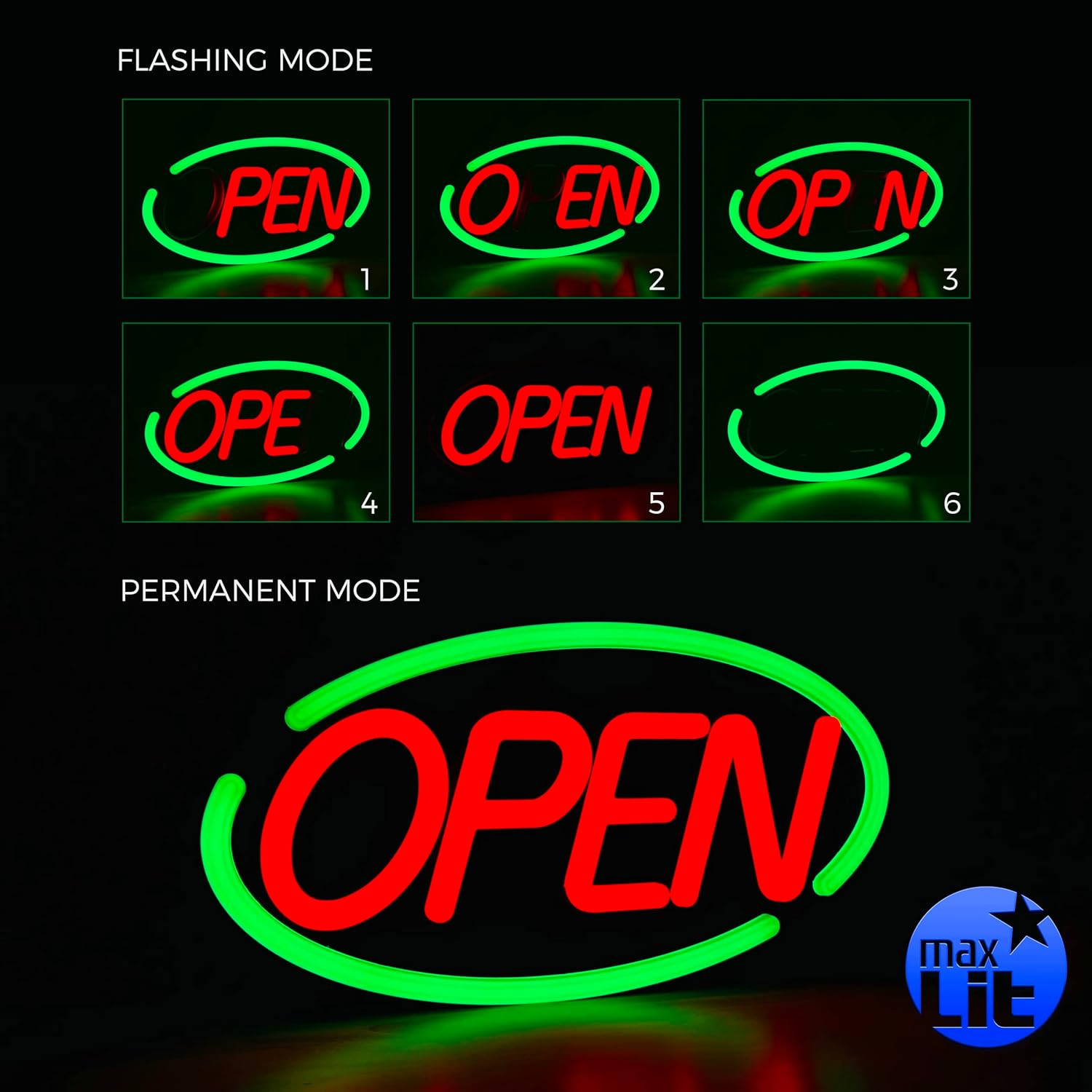 Large Oval LED Neon Open Sign – 24&Prime; x 12&Prime; (Green/Red)