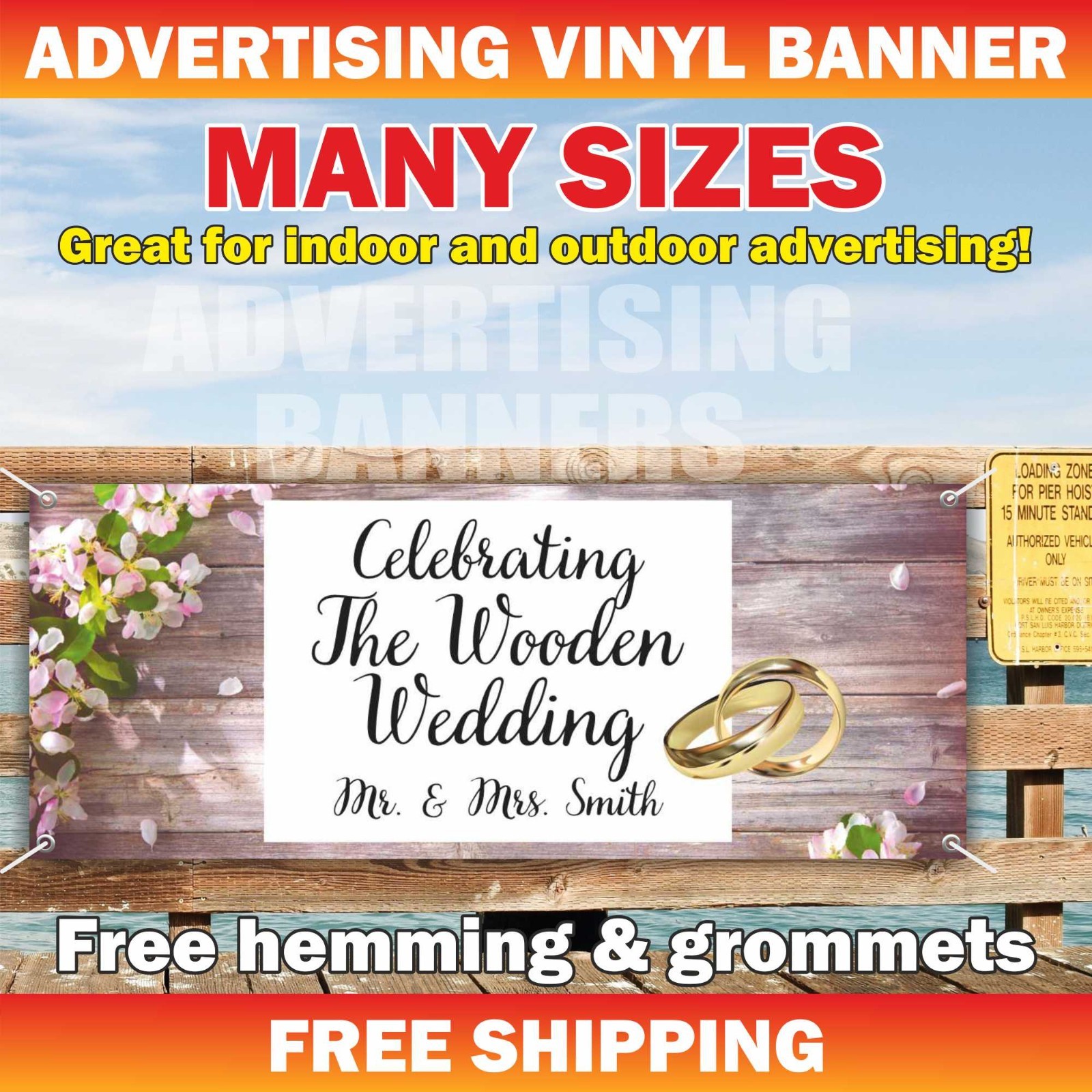 Celebrating The Wooden Wedding Advertising Banner Vinyl Mesh Sign Custom Name