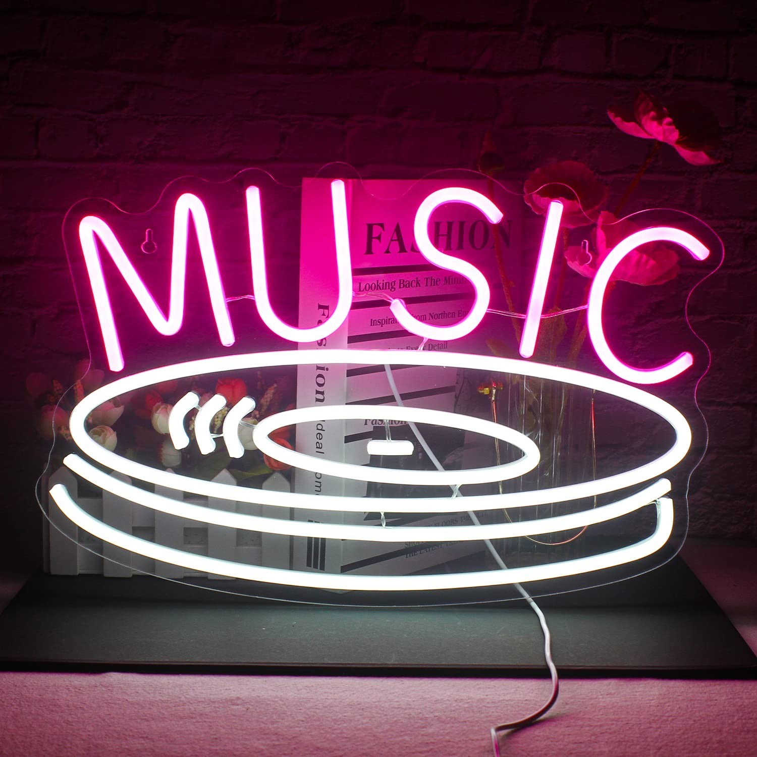 Music Record Neon Sign Pink White Led Neon Light Signs for Wall Decor Usb Lig…