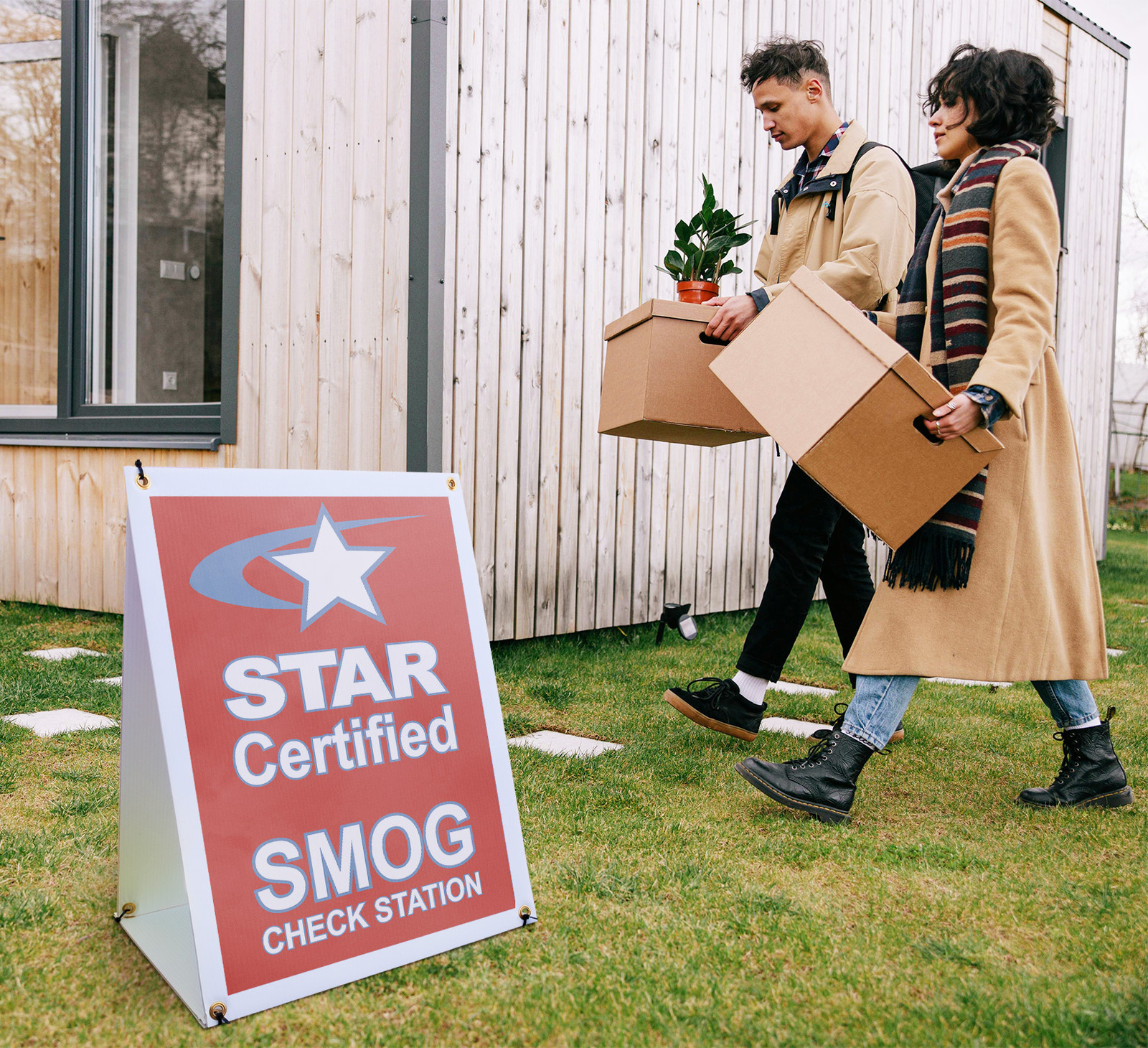 Star Certified Smog Check Station A-Frame Sidewalk Sign Vehicle Service Spot