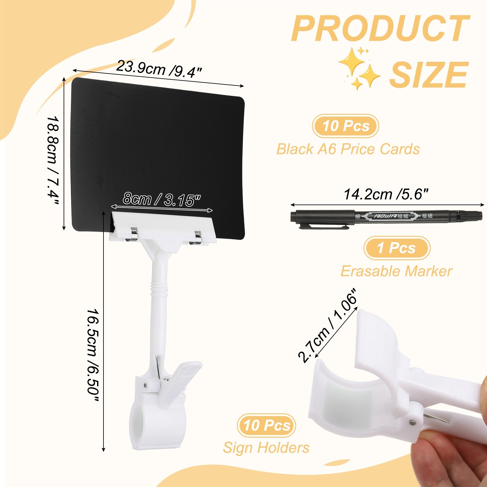10 Pcs Sign Holders with Black A6 Plastic Cards & Erasable Marker, White