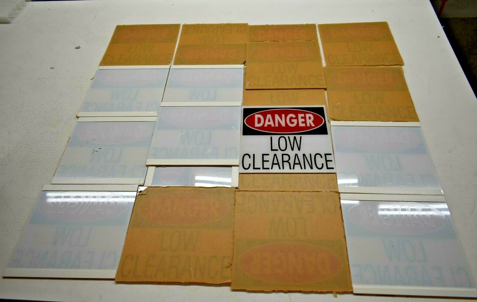 Bulk Lot 19 Danger Low Clearance 10&Prime; x 10&Prime; Acrylic Stick Back Signs Garage