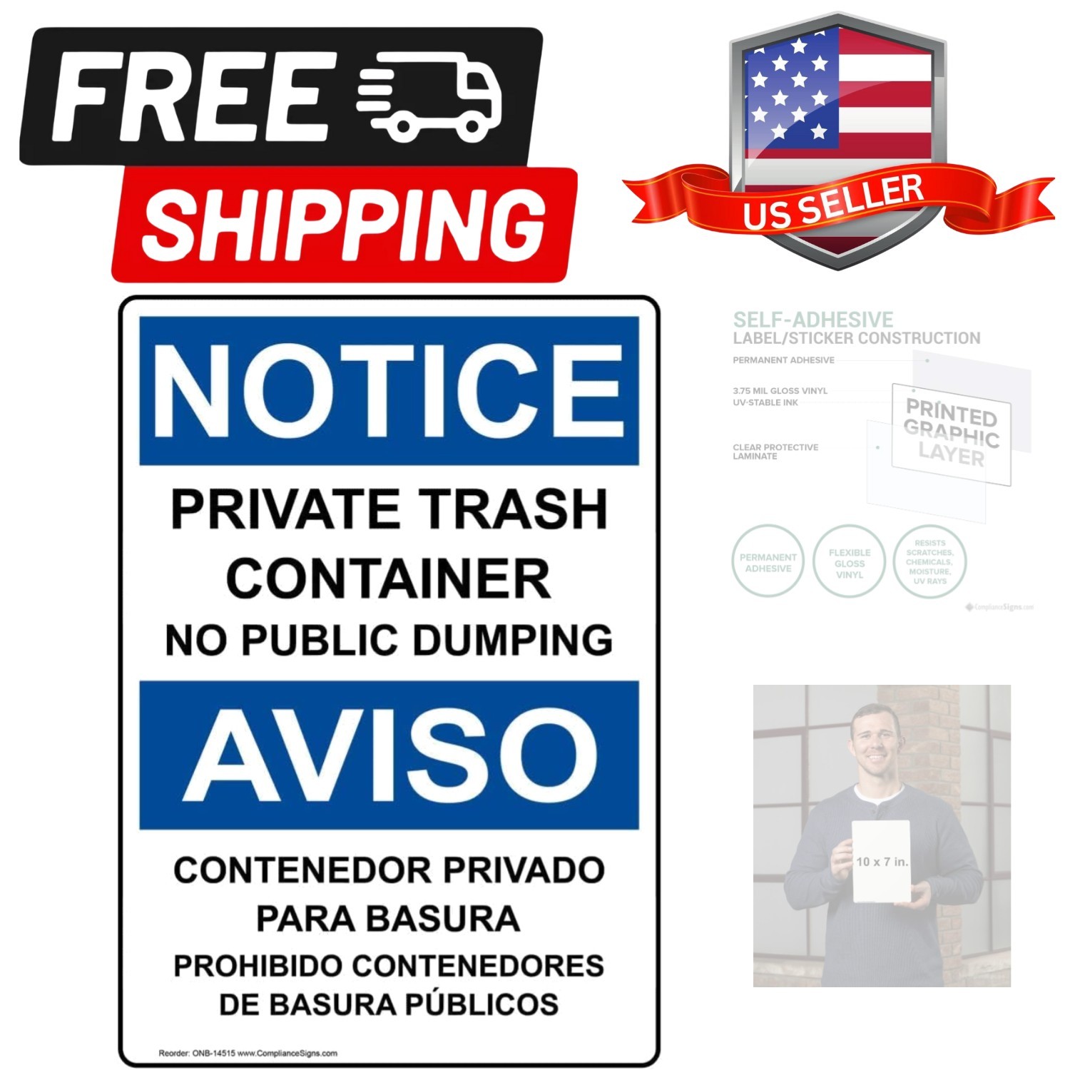 com NOTICE Private Trash Container No Public Dumping Bilingual OSHA Safety La…
