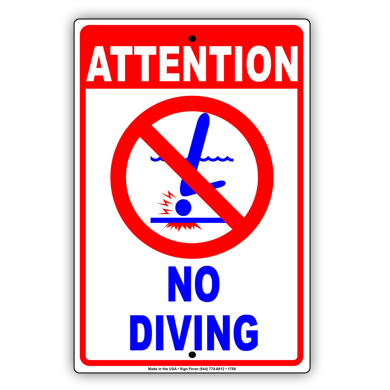 Attention No Diving Shallow Water Pool Safety Alert Notice Aluminum Metal Sign