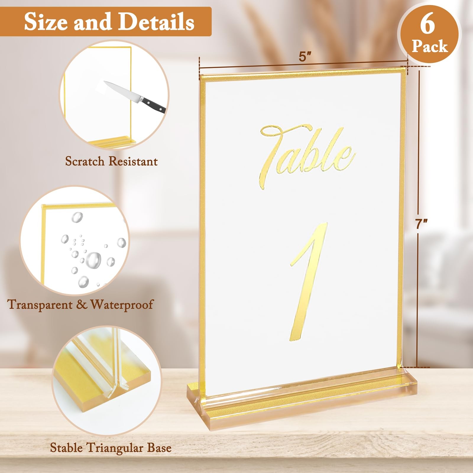 6 Pack 5×7 Inch Clear Acrylic Sign Holders, Double-Sided Gold Display Stand P…