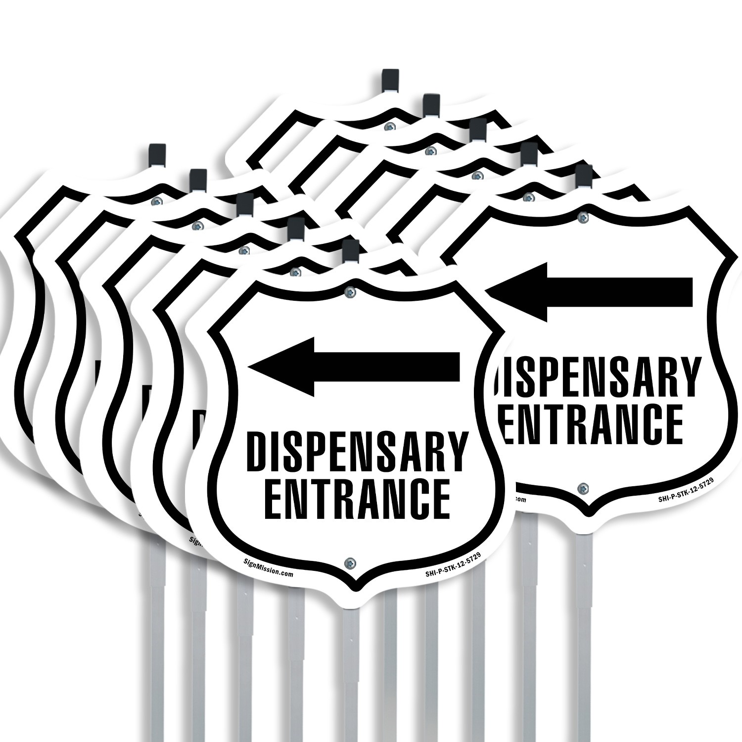 Dispensary Entrance Left Shield Shaped Sign With Stake Crafted in the USA