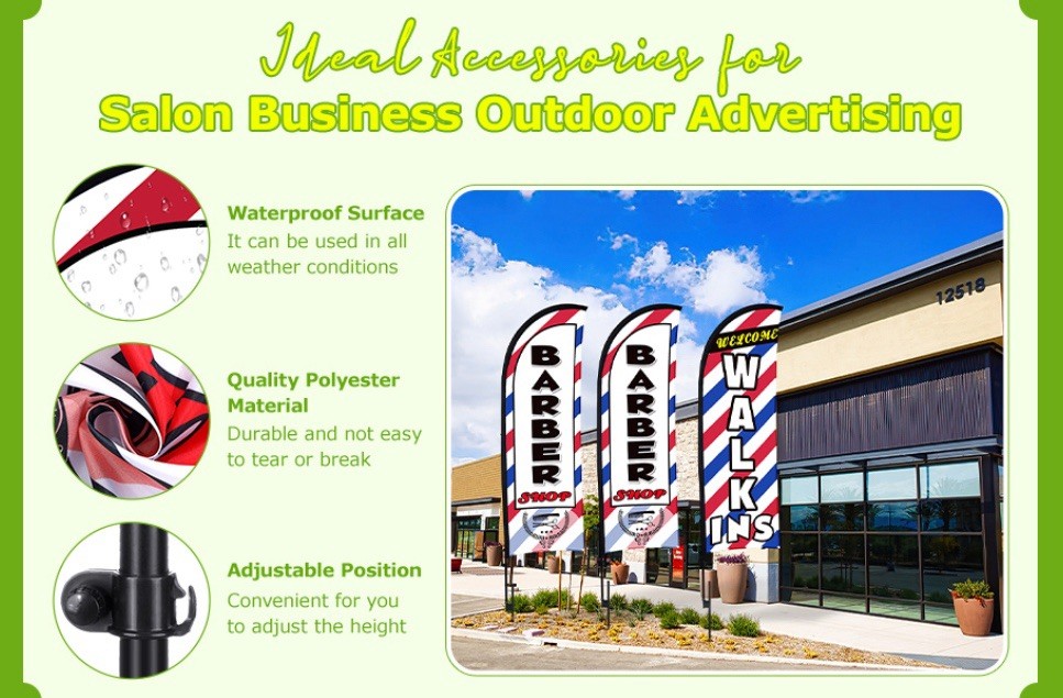 3 Set Barber Flag Walk Ins Welcome Barbershop Swooper Flag Poles, 12 FT x 2 FT