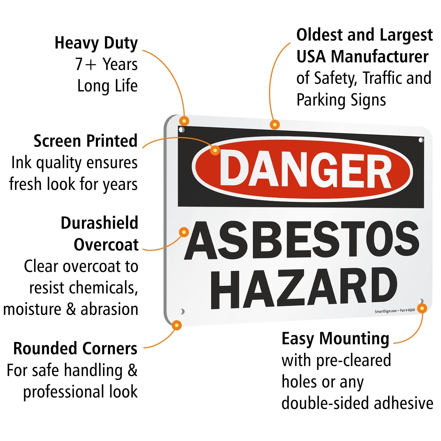 7×10 Inch OSHA Metal Sign Danger Asbestos Hazard Rustproof Aluminum 40 Mil