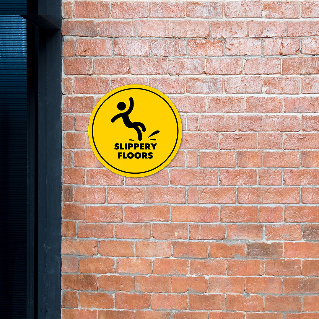Circle Plus Slippery Floors Wall or Door Sign | Easy Installation