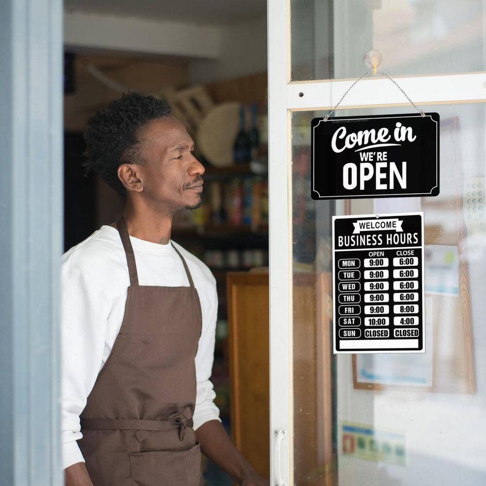 Black Double-Sided Open Closed Sign with Business Hours Set for Store Restaurant