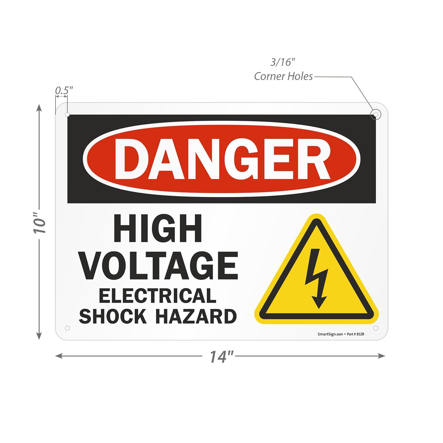 10 x 14 inch “Danger – High Voltage Electrical Shock Hazard” OSHA Metal Sign …