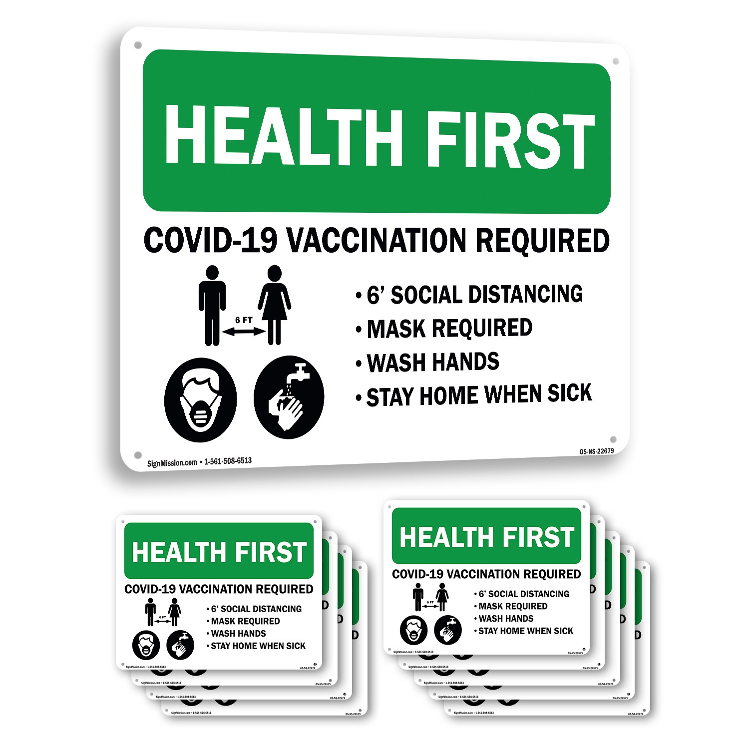Health First – Covid Vaccination Required Public Safety Sign, Decal 5 or 10 Pack