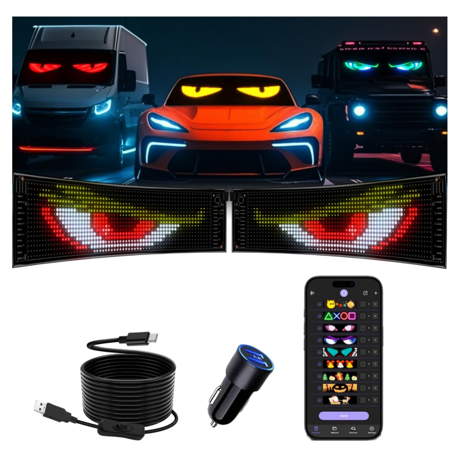 2PCS Programmable LED Devil Eyes for Cars – 19x5in Flexible Windshield Sign, Cus