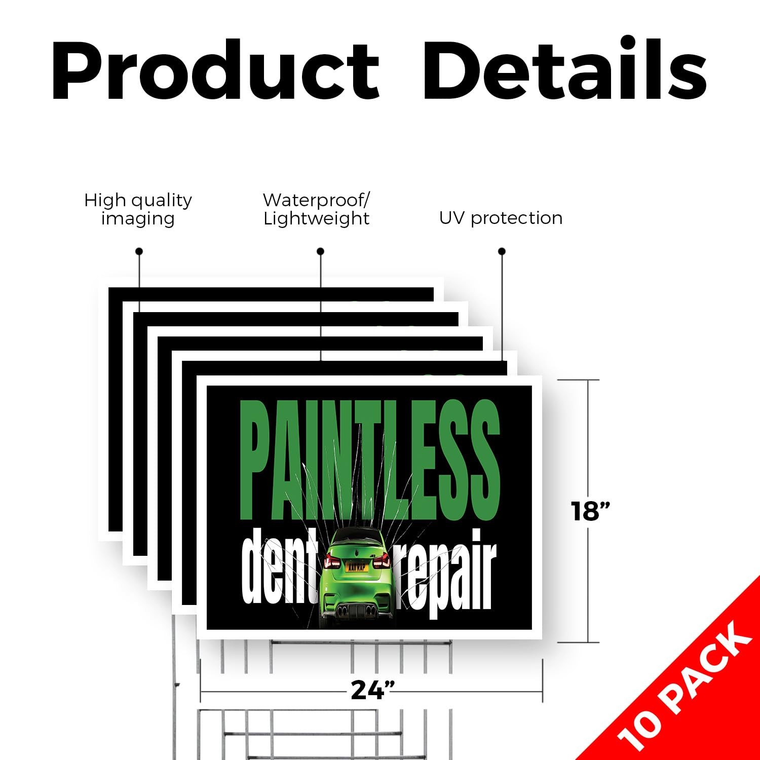 Paintless Dent Repair Yard Sign 10 Pack of 18 Inch x 24 Inch Single Sided Wea…