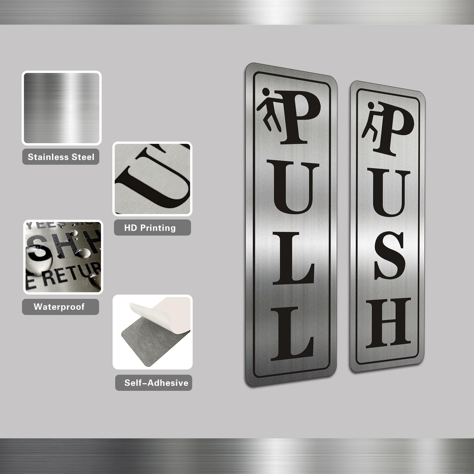 5.5×1.7in Funny Metal Stainless Steel push pull signs for door Self Adhesive