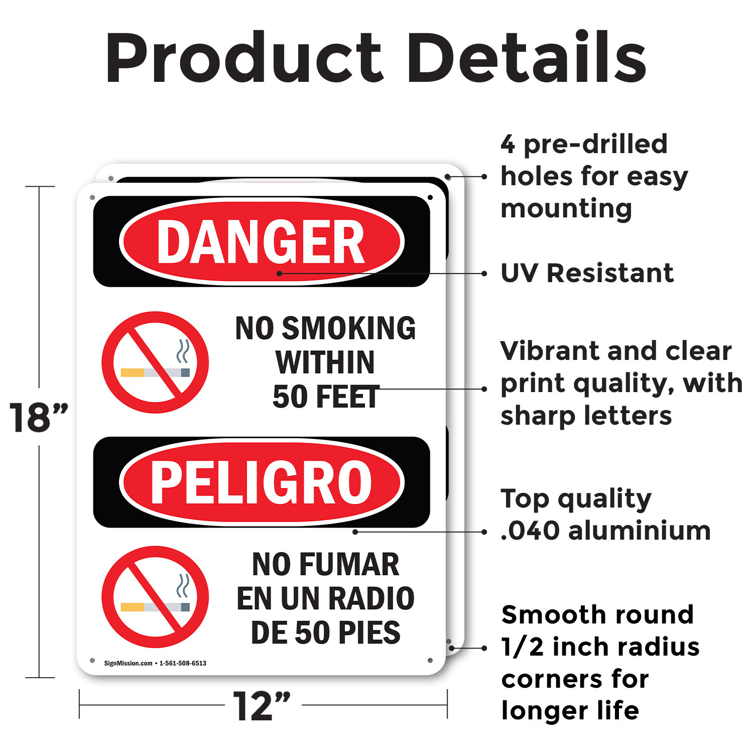 (2 Pack) No Smoking Within 50 Feet Bilingual OSHA Danger Sign Decal Metal