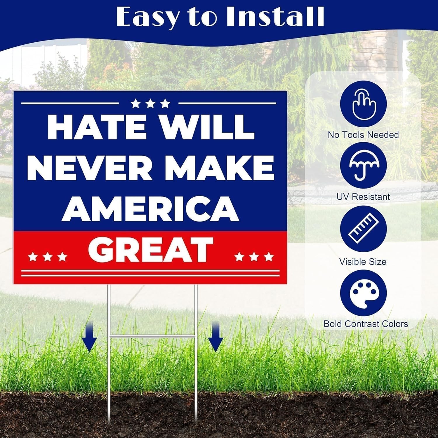 Anti Trump MAGA Yard Sign 17 x 12 inch Hate Will Never Make America Great Sign