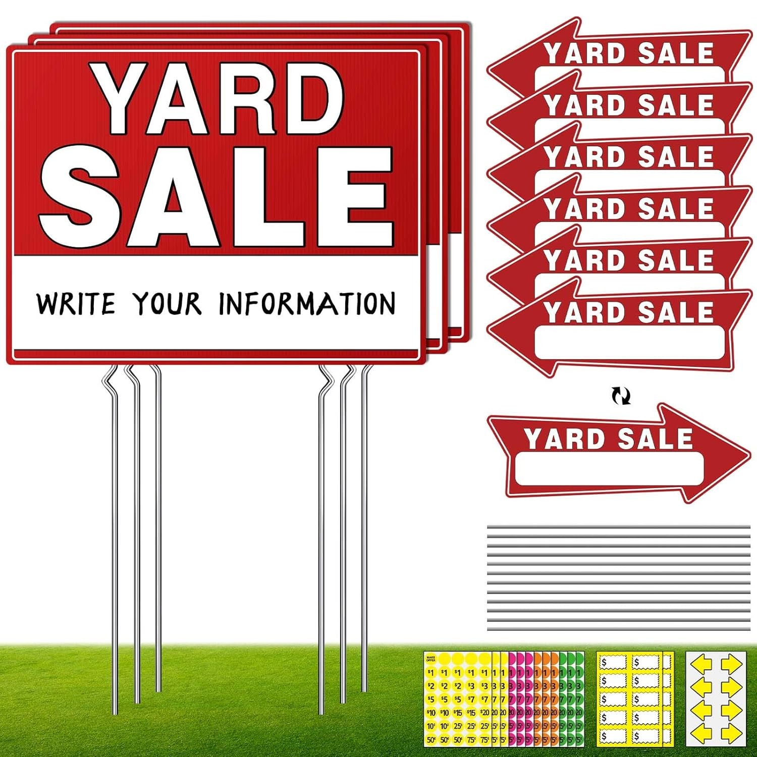 Yard Sale Signs Double Sided 17&Prime; x 13&Prime; Metal Stake Pricing Stickers Included
