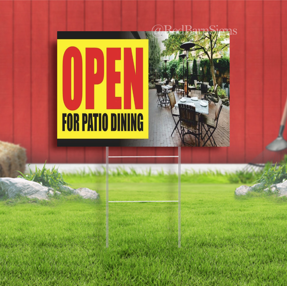 OPEN FOR PATIO DINING Cafe Outdoor Seating welcome Yard sign with metal stakes
