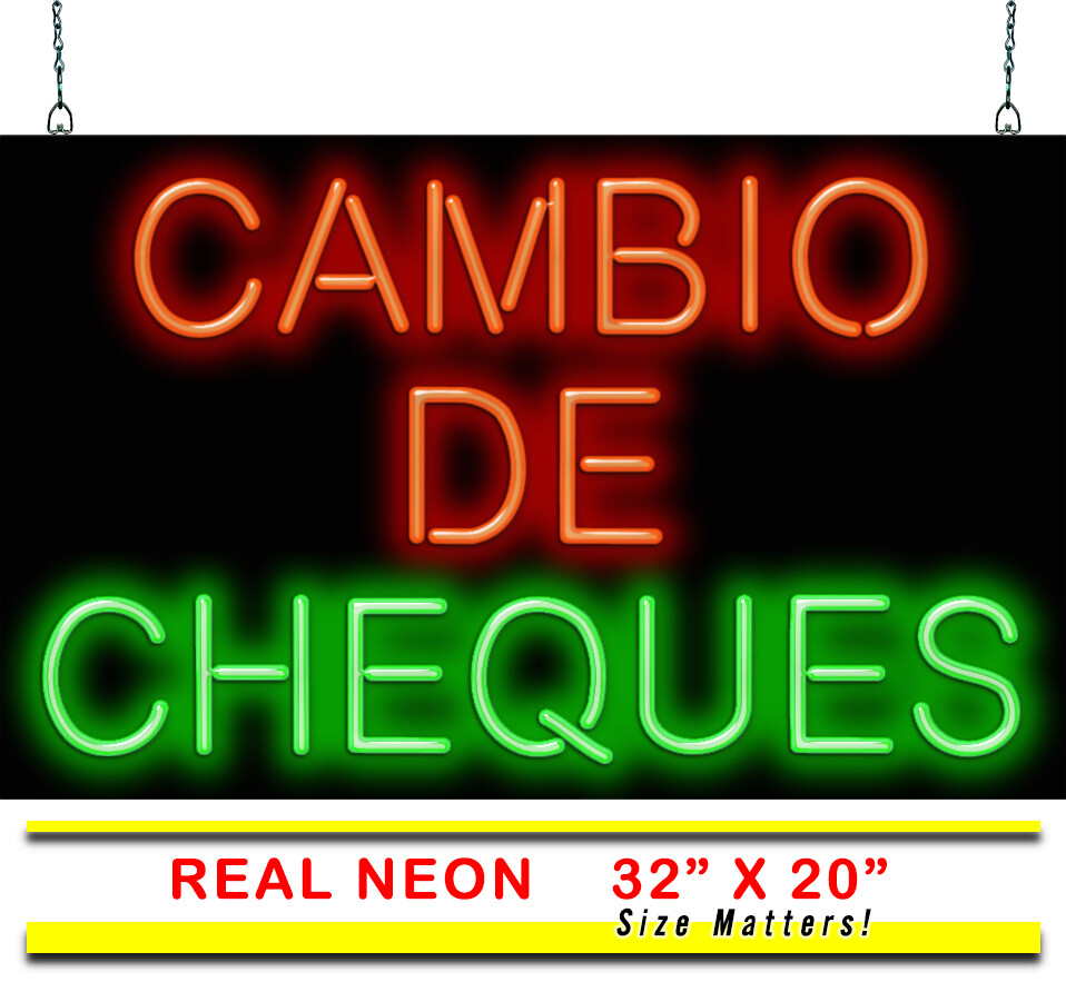 Spanish Check Cashing Cambio De Cheques Neon Sign Jantec 32&Prime; x 20&Prime; Money