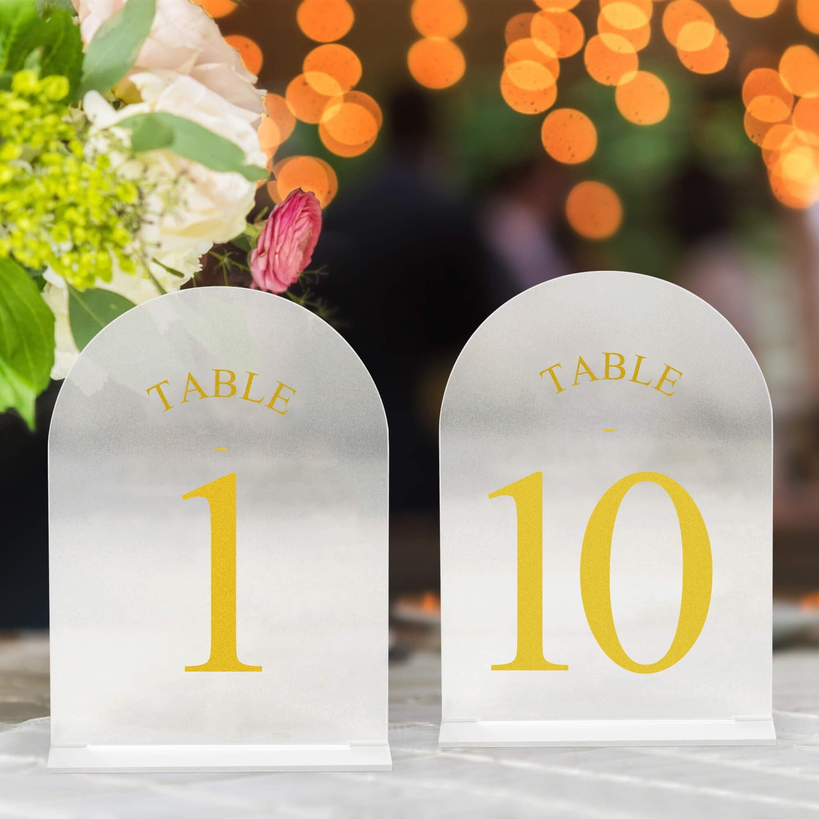 Frosted Arch Wedding Table Numbers 1-10 with Stands – 5&Prime; X 7&Prime; Acrylic Gold Ta…