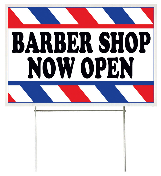 18×12 Inch BARBER SHOP NOW OPEN Yard Sign with Stake – wb1s