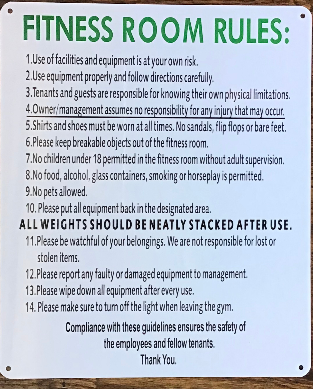 FITNESS ROOM RULES SIGN (10X12, WHITE, ALUMINUM) -REF24-1027
