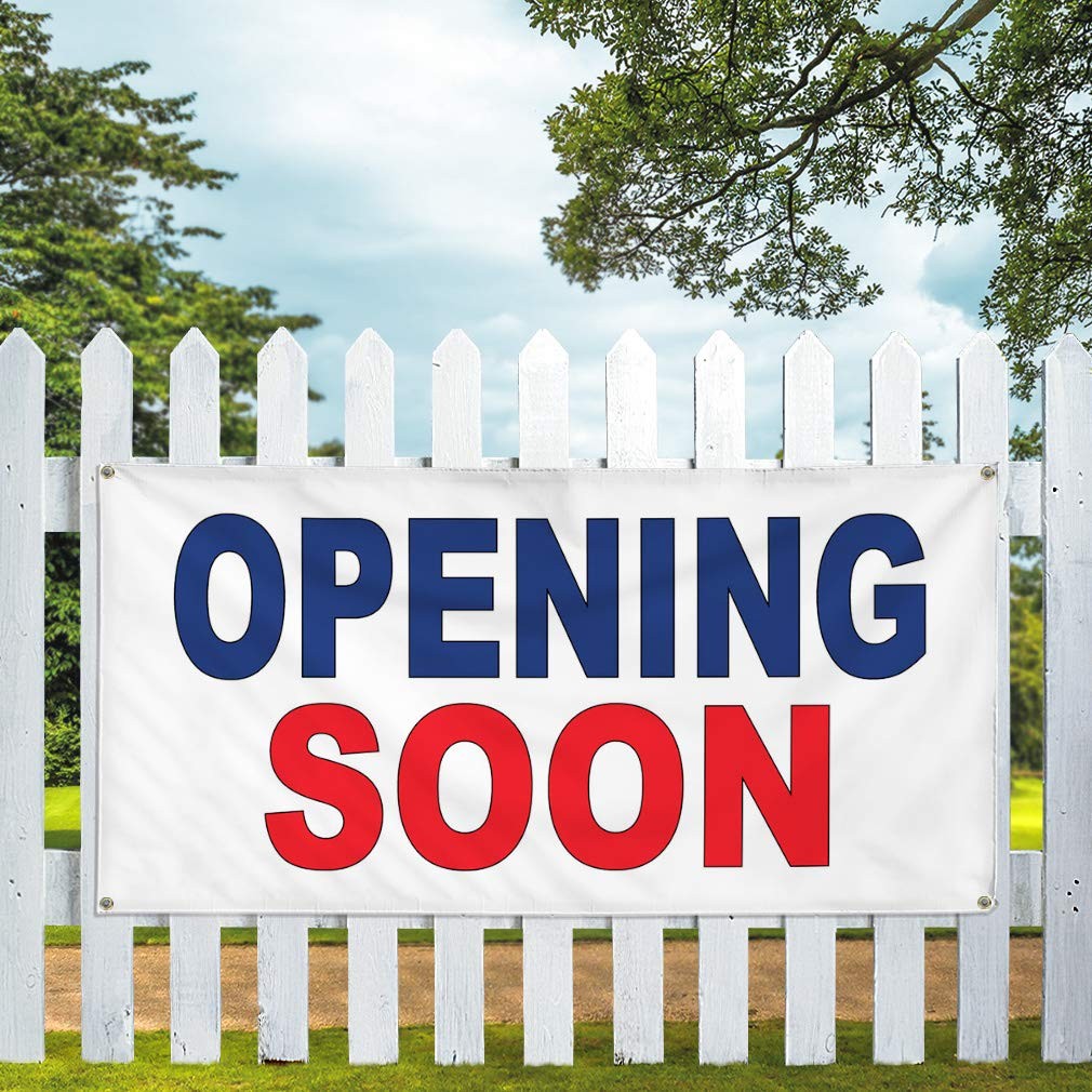 Vinyl Banner 24×36 Inches Opening Soon Blue Red Outdoor Weatherproof – Perfect