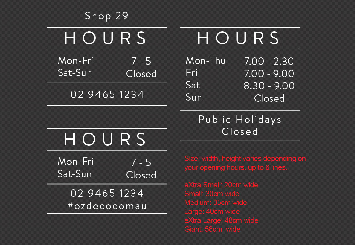 Custom Business Trading Opening Hours Sign Window Wall Decal for Shop
