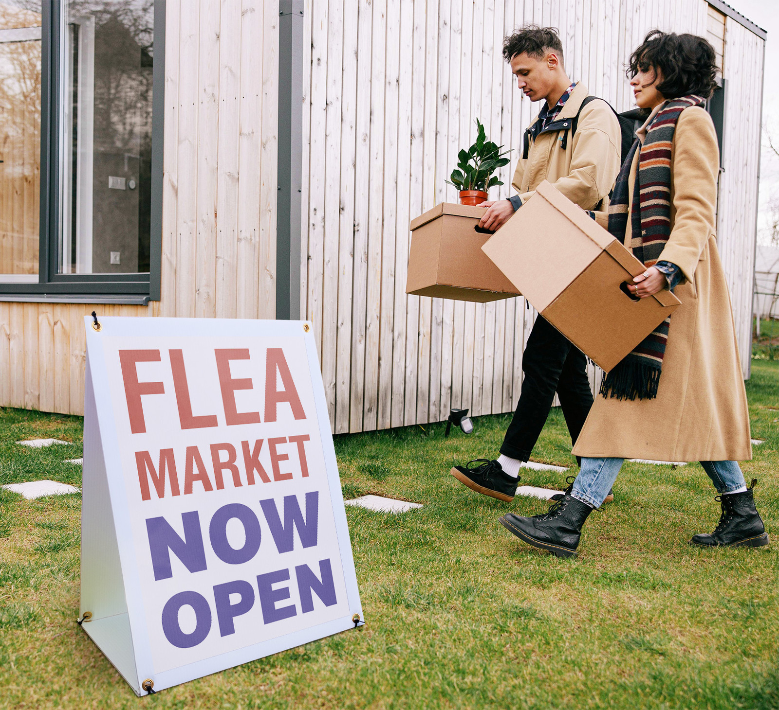 Flea Market Now Open A-Frame Sidewalk Sign Grand Opening Local Shopping Fun