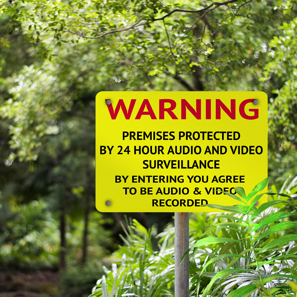 Horizontal Metal Sign Warning 24 Hour Audio and Video Surveillance Entrance