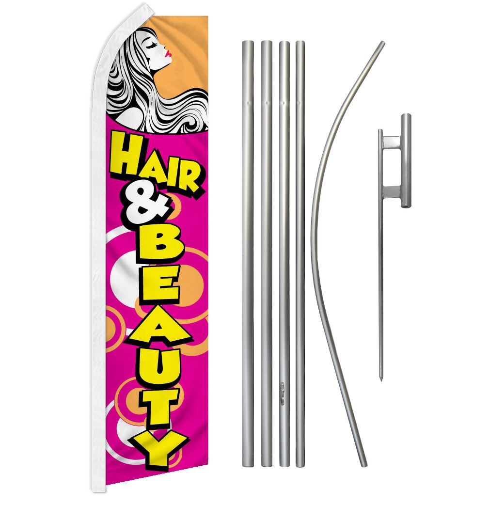 « HAIR & BEAUTY » Advertising Super Flag & Pole Kit salon cut spa