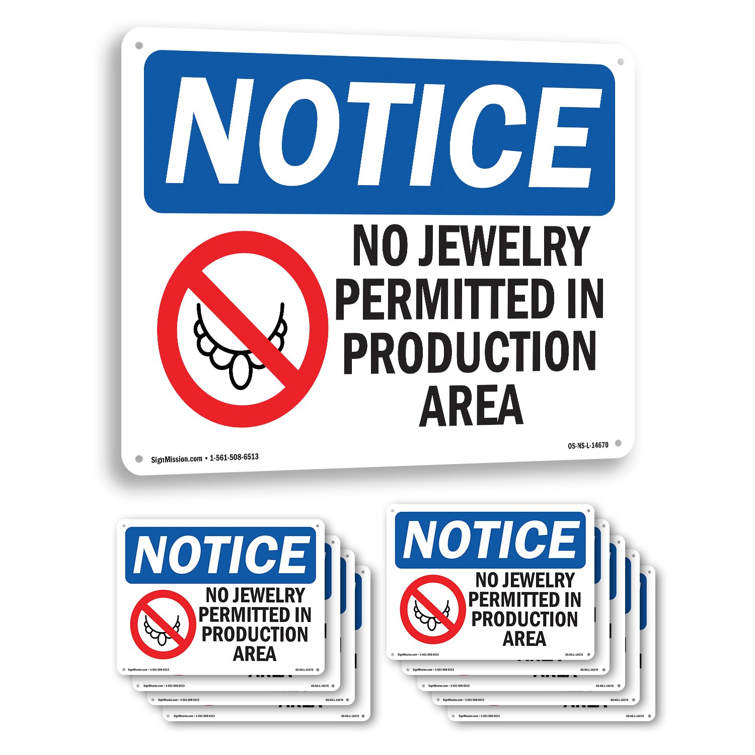 No Jewelry Permitted In Production OSHA Notice Sign Metal, Decal – 5 or 10 Pack