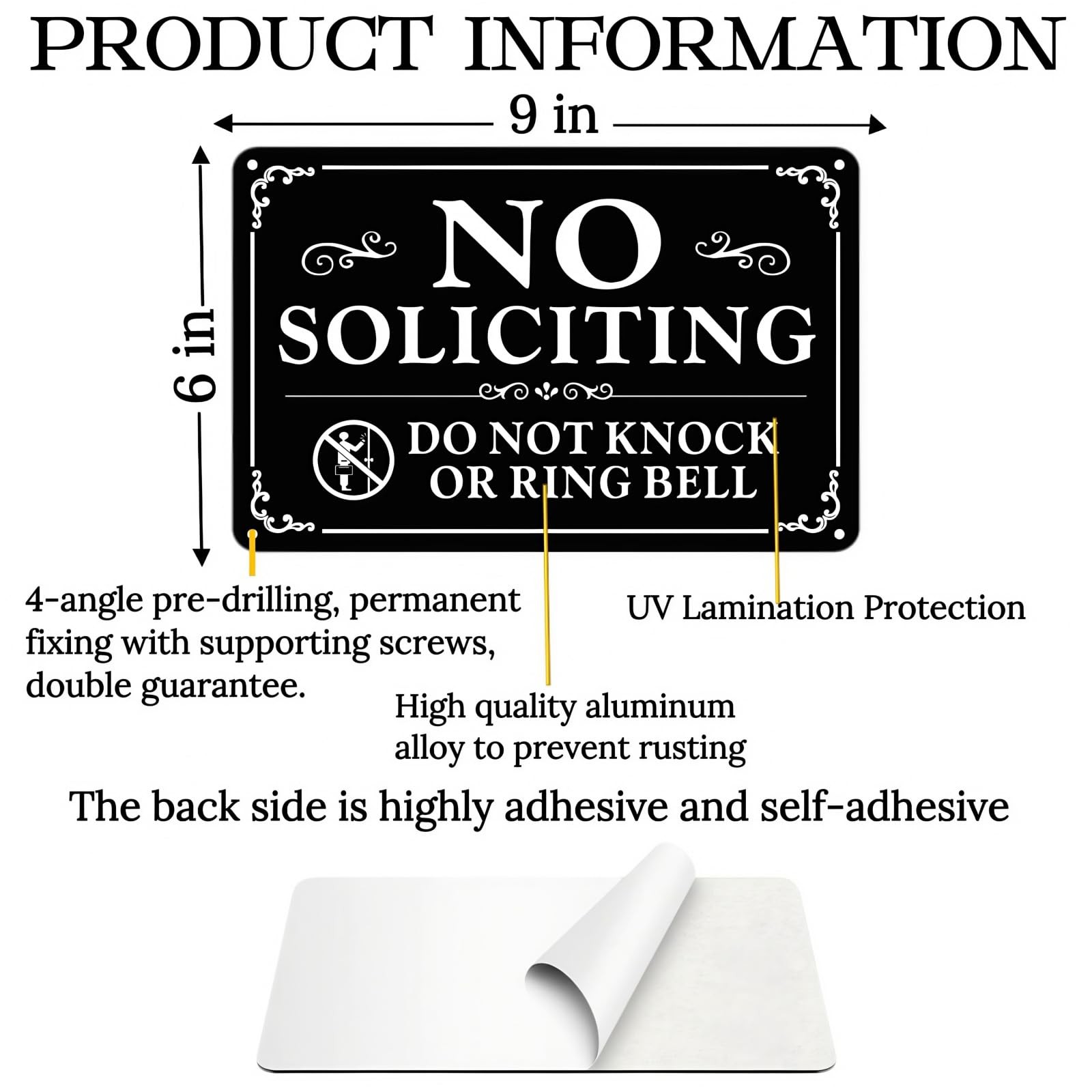 2 Pack No Soliciting Sign for Front Door,9 X 6 Inch Self-adhesive No Soliciting