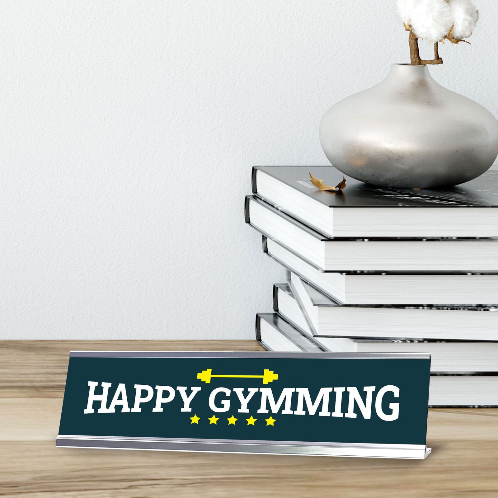 Signs ByLITA Happy Gymming, Silver Frame, Gym Desk Sign (2×8)