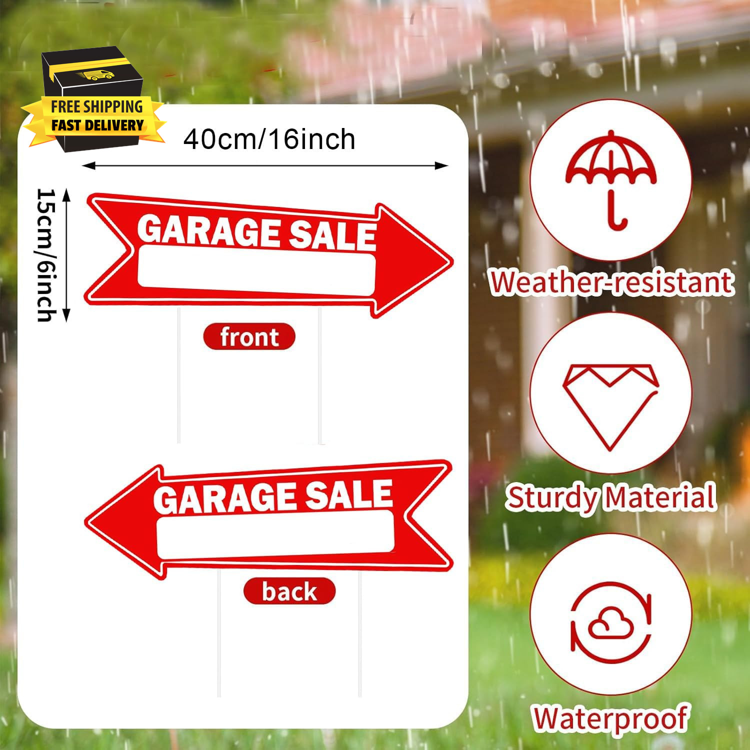 3 Pcs Garage Sale Arrow Signs with Stakes 16 X 5 Inch Yard Signs | Double Sided,