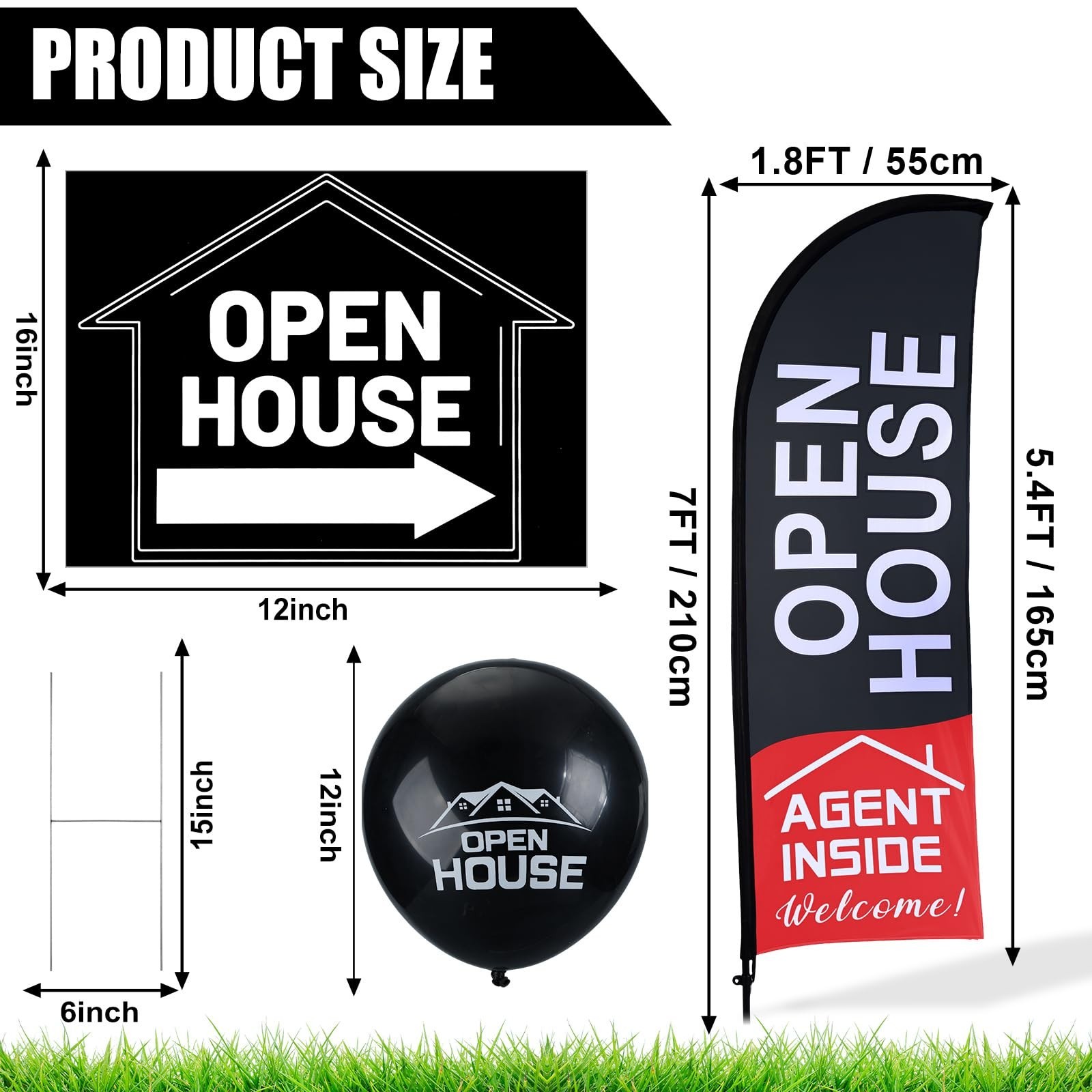 Open House Sign Set – 36 Pcs, Flag & Pole Kit, 5 Directional Arrows, 30 Balloons