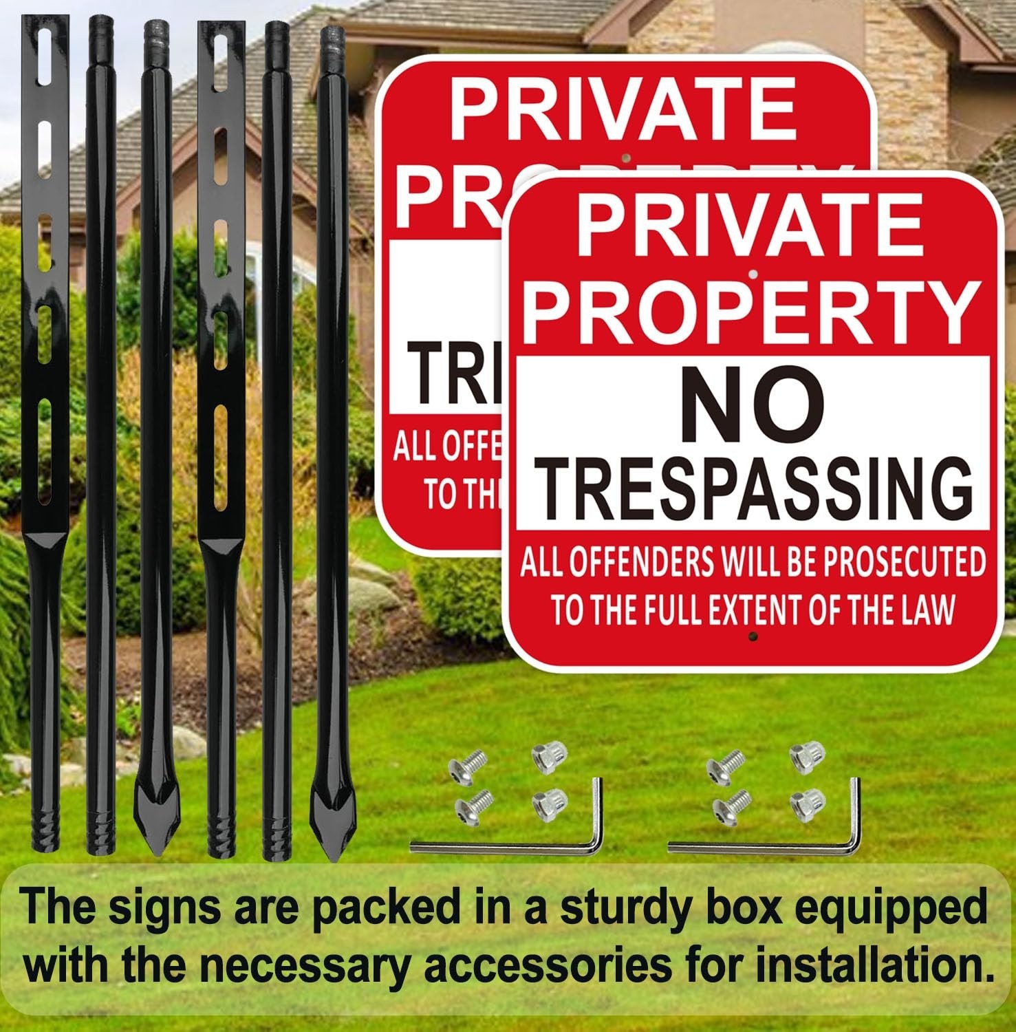 No Trespassing Sign with Metal Stakes – 12×12 Inch Red Aluminum, Weather Resista