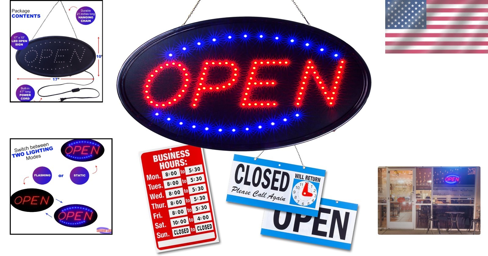 Neon Open Sign for Business: LED Display with Flashing Mode & Custom Hours