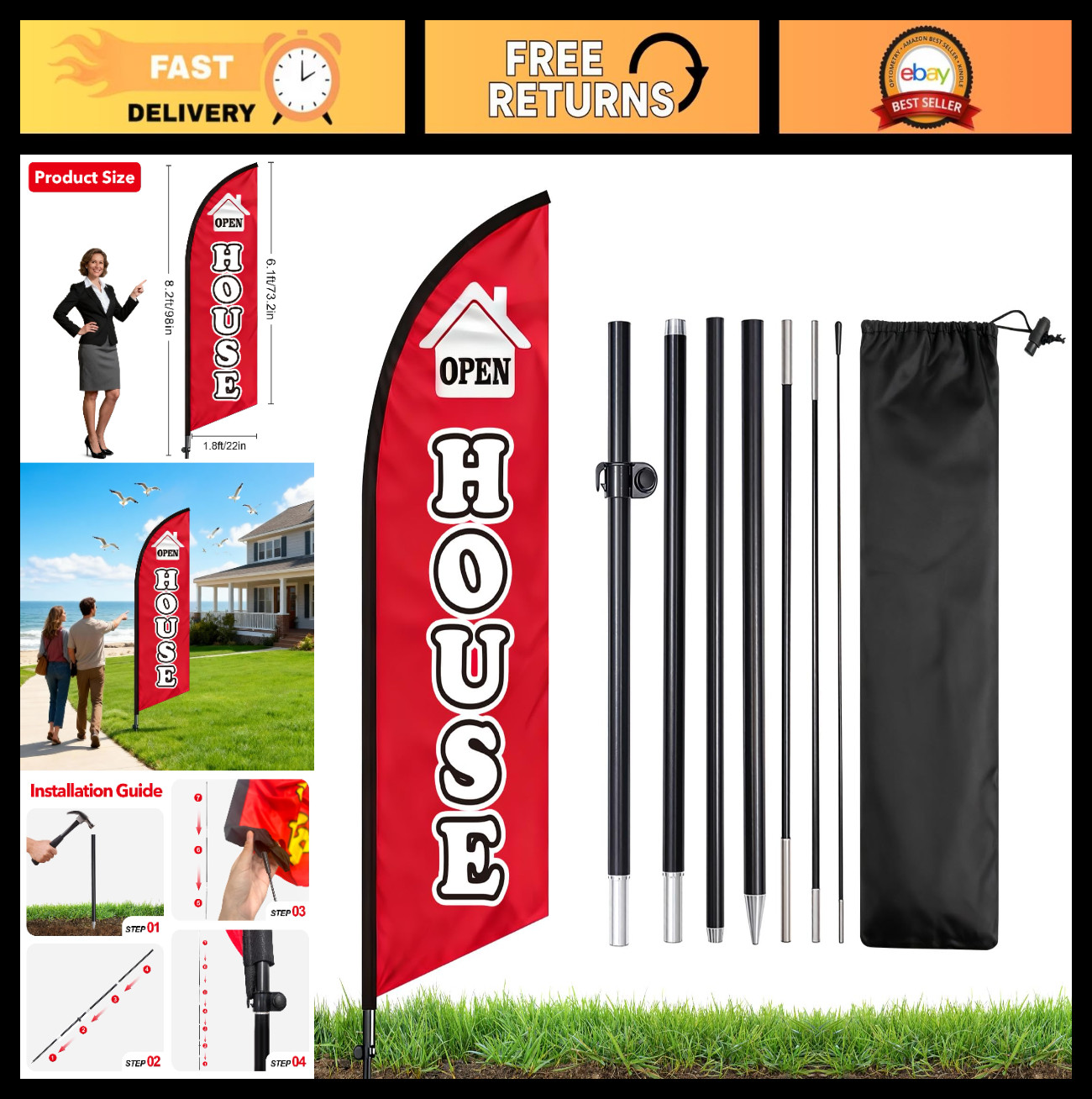 8 Ft Open House Swooper Flag with Pole Kit & Ground Stake – Vivid Feather Banner