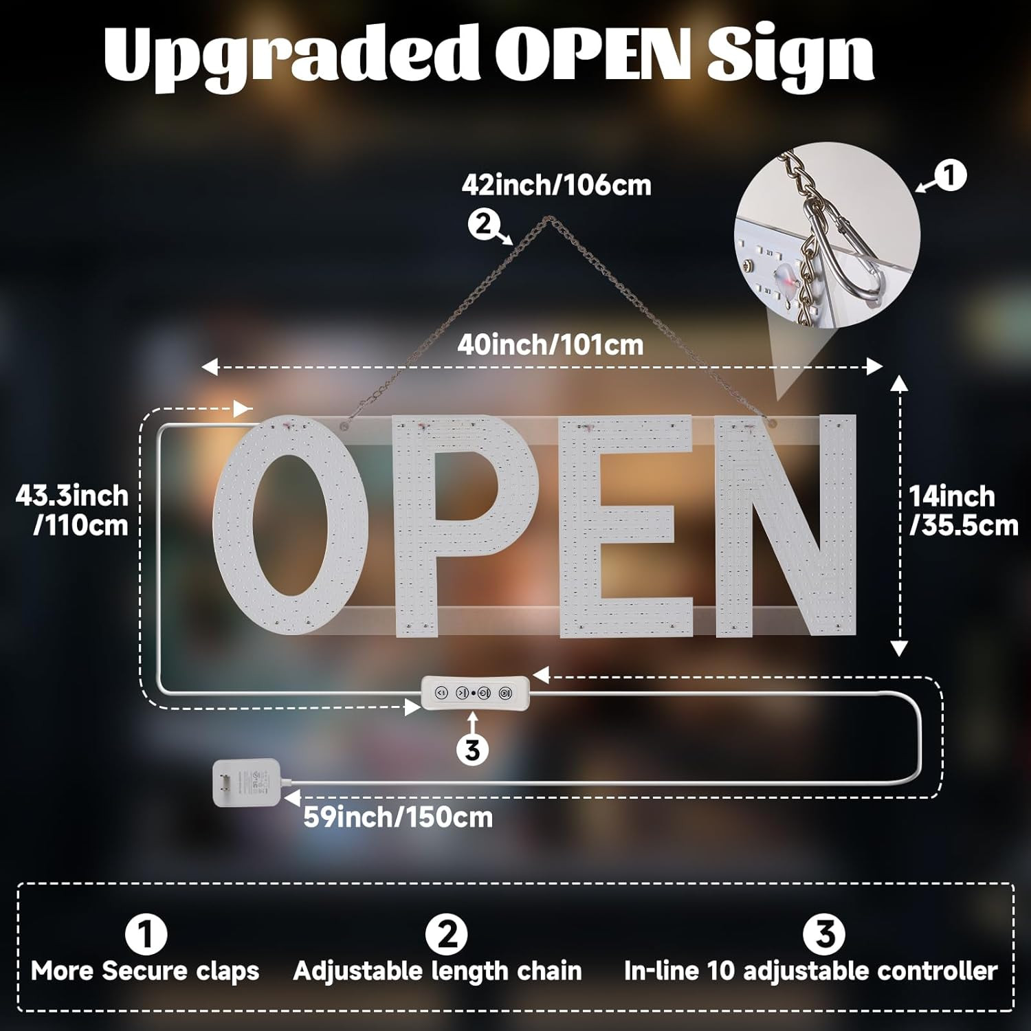 LED Open Signs for Business, 40&Prime;X14&Prime; Dimmable Large LED Open Light up Sign with