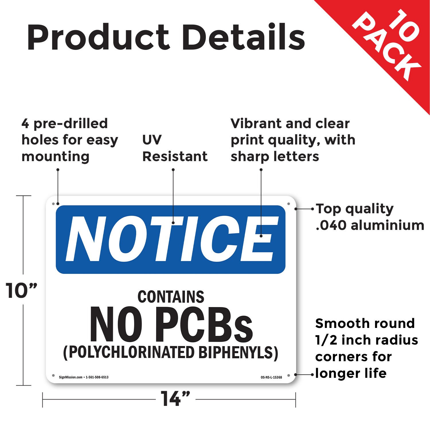 Contains No PCBs Polychlorinated Biphenyls OSHA Notice Sign, Decal 5 or 10 Pack