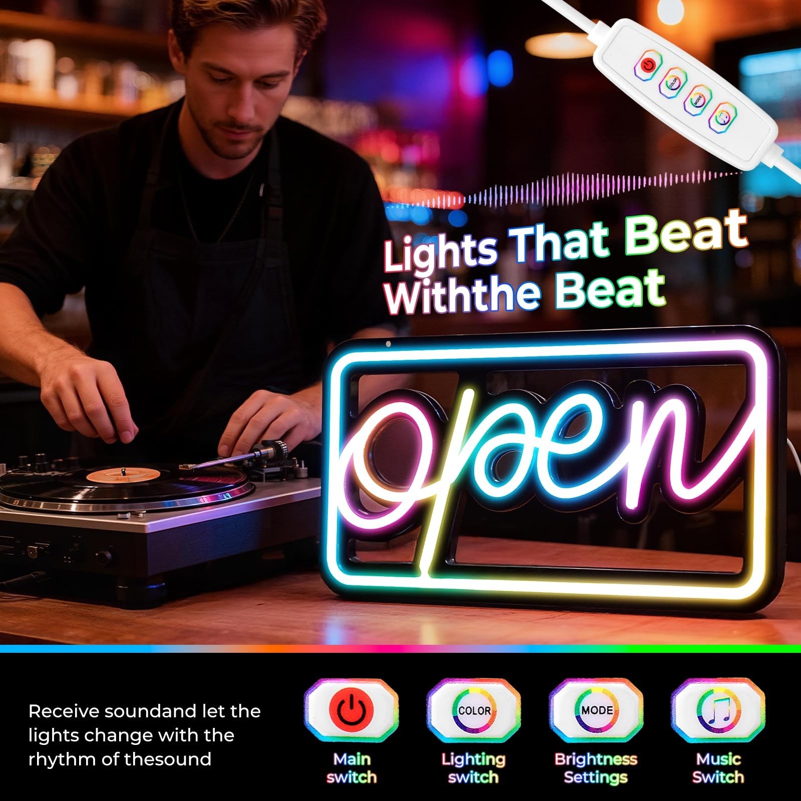 Colorful LED Open Sign with Remote Control – Bright Business Display for Shops,