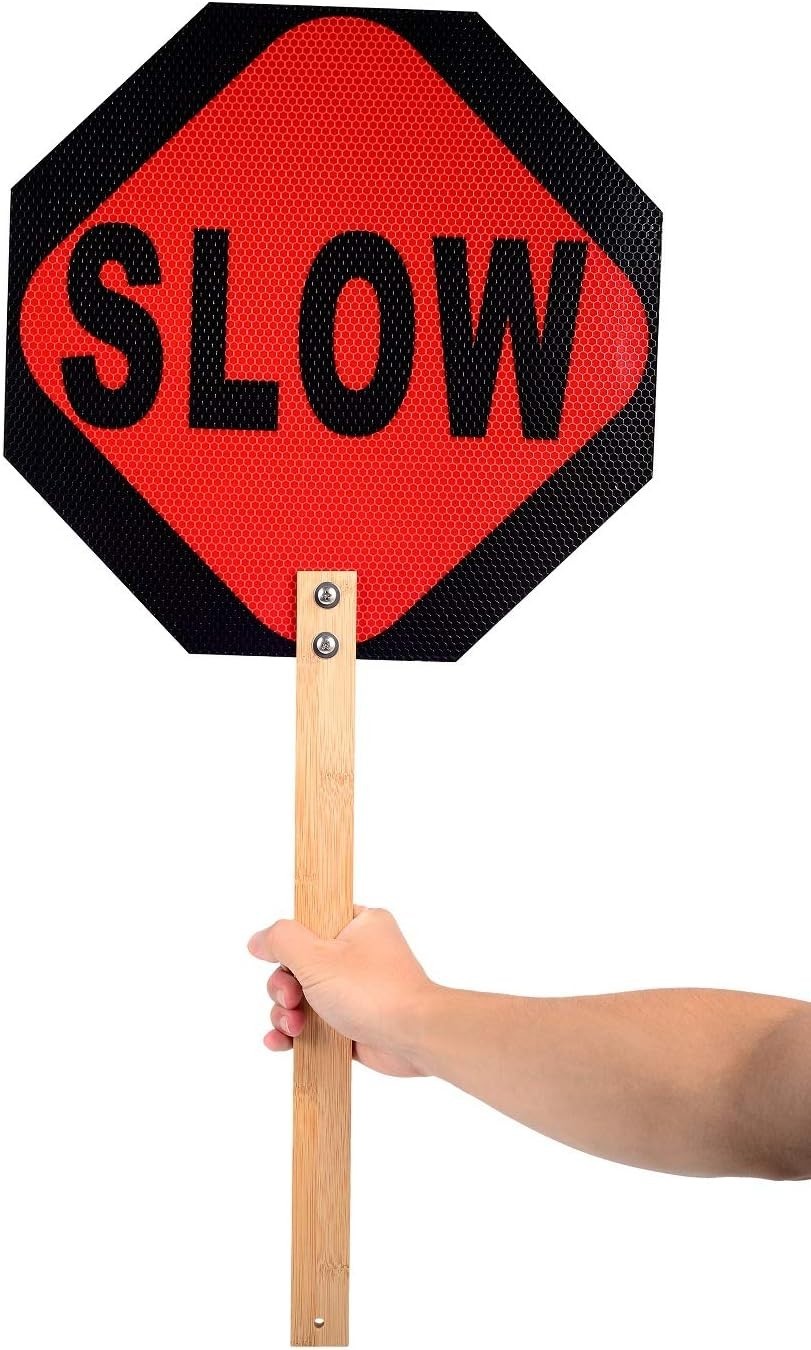 Portable Aluminum Handheld Stop Slow Sign, 13 Inch with Sturdy Bamboo Handle