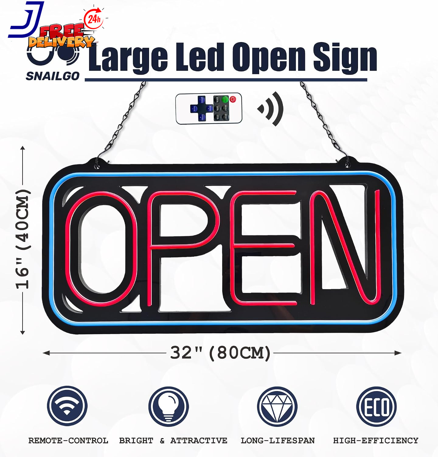 Bright LED Open Sign for Business 32×16 Inch with Remote & Flashing Mode