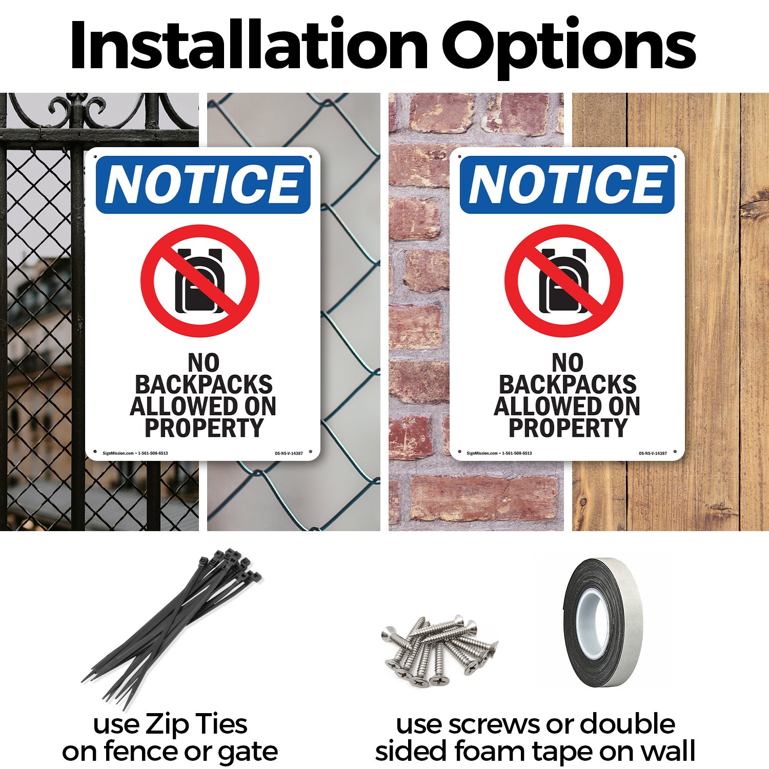 No Backpacks Allowed OSHA Notice Sign Metal, Plastic, Or Decal – 5 or 10 Pack