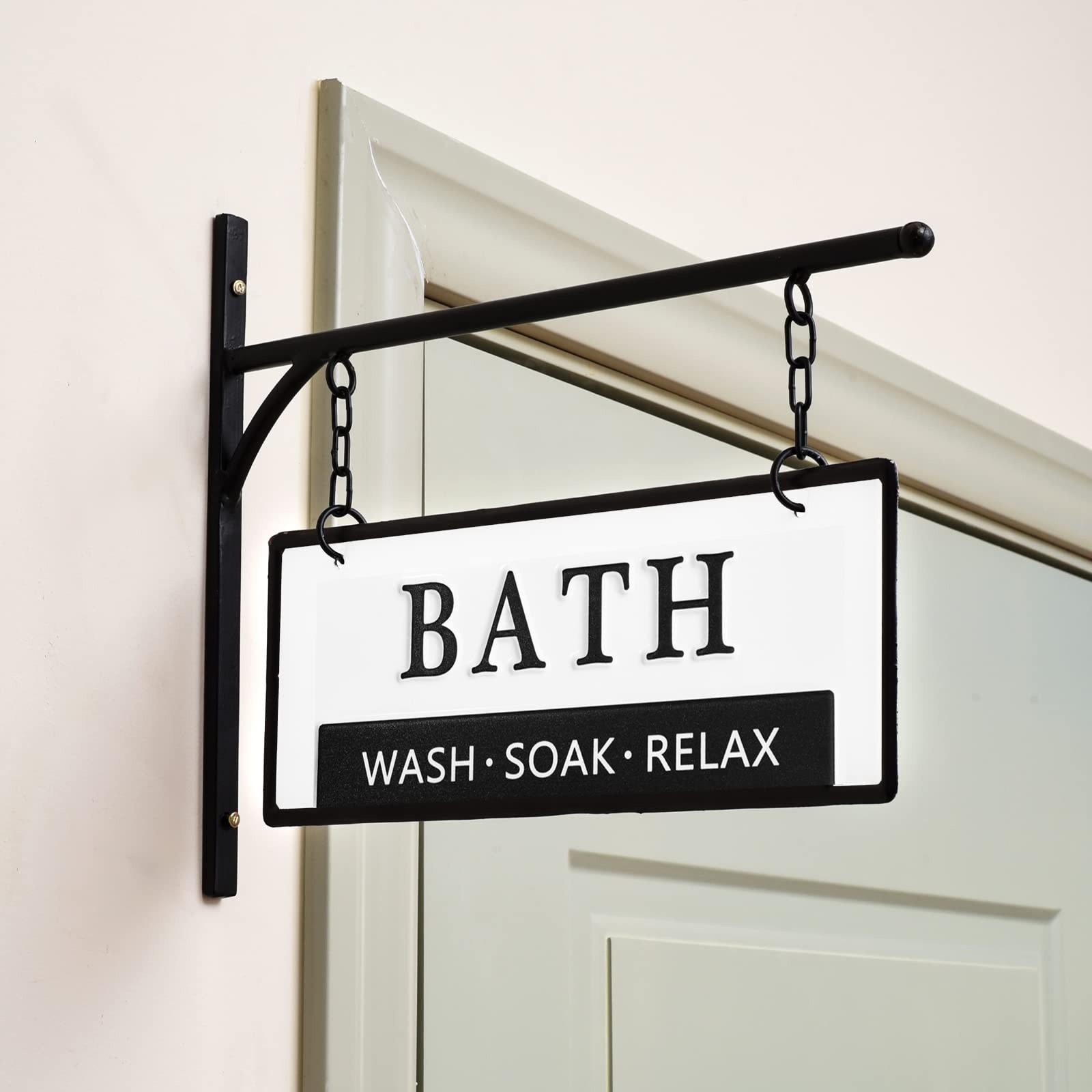 Double-Sided Bathroom Door Hanging Sign, Embossed Black on White Enamel Metal…