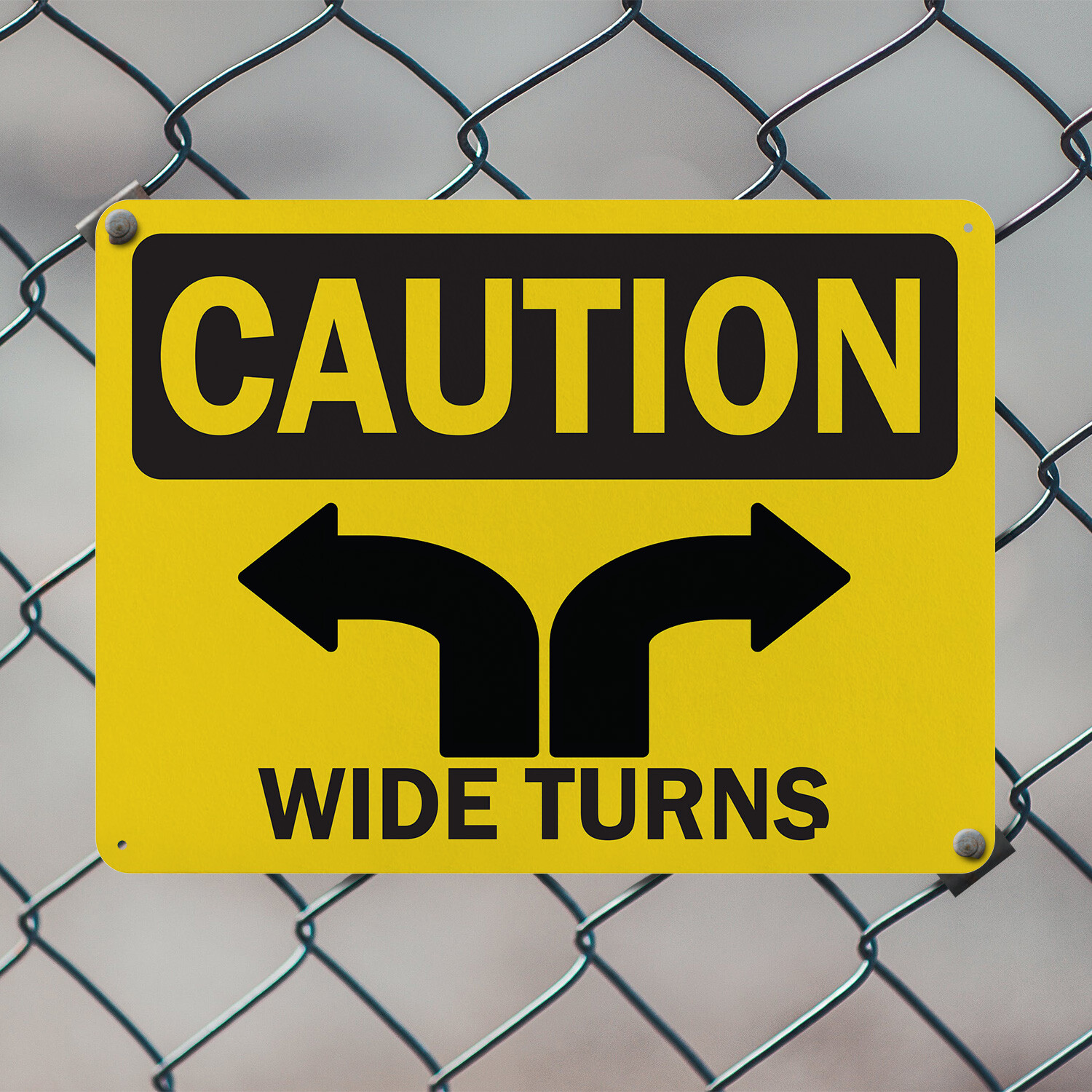 (2 Pack) Wide Turns OSHA Caution Sign Decal Metal Plastic