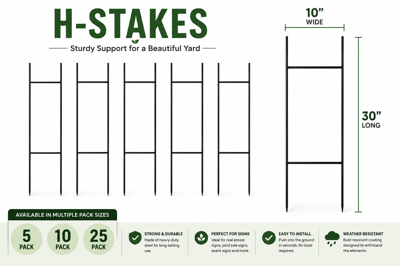 Sturdy Metal H Frame Stakes for Yard Signs(10 x30 inch)(Stakes Only) 5-PACK